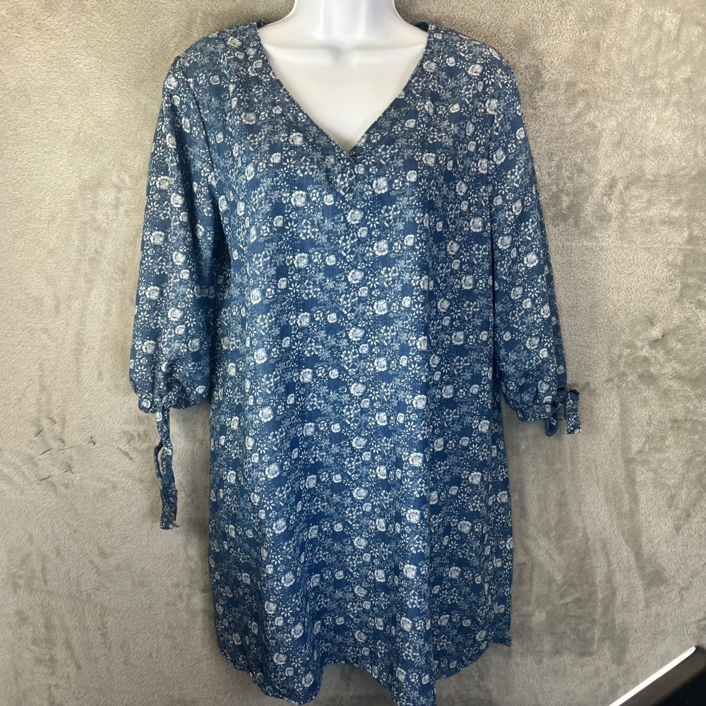 Wrapper Womens Blue Floral‎ 3/4 Tie Sleeve Shift Dress Size M Cottagecore Boho